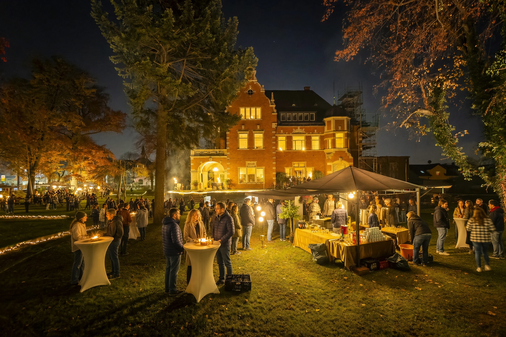 Radebeuler Anglühen: beleuchtete Villa mit Glühweinstand im abendlichen Park (KI-generiertes Bild)