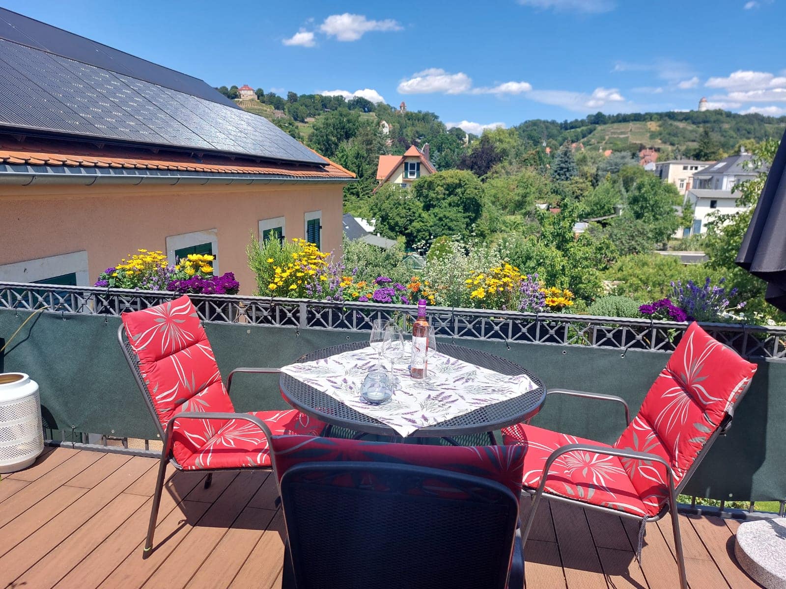 Balcony with vineyard view and parasol