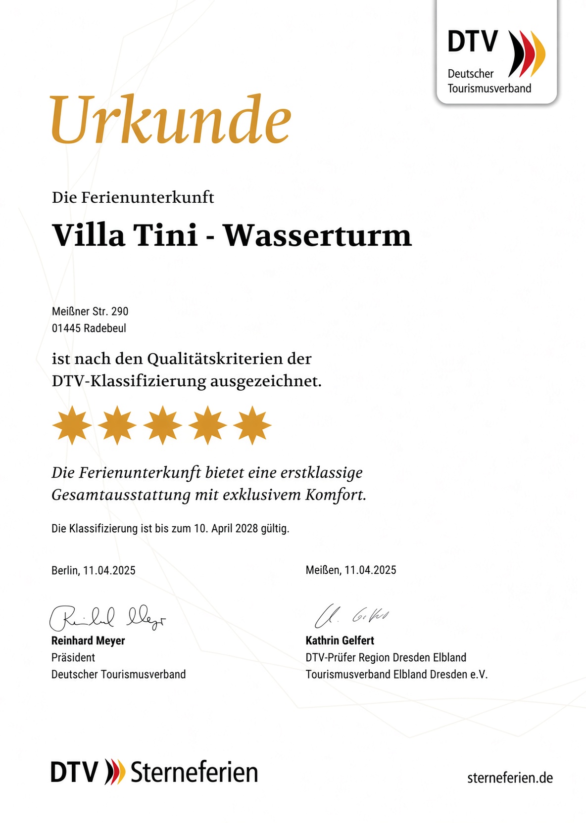 DTV certificate: Villa Tini - Wasserturm classified with 5 stars