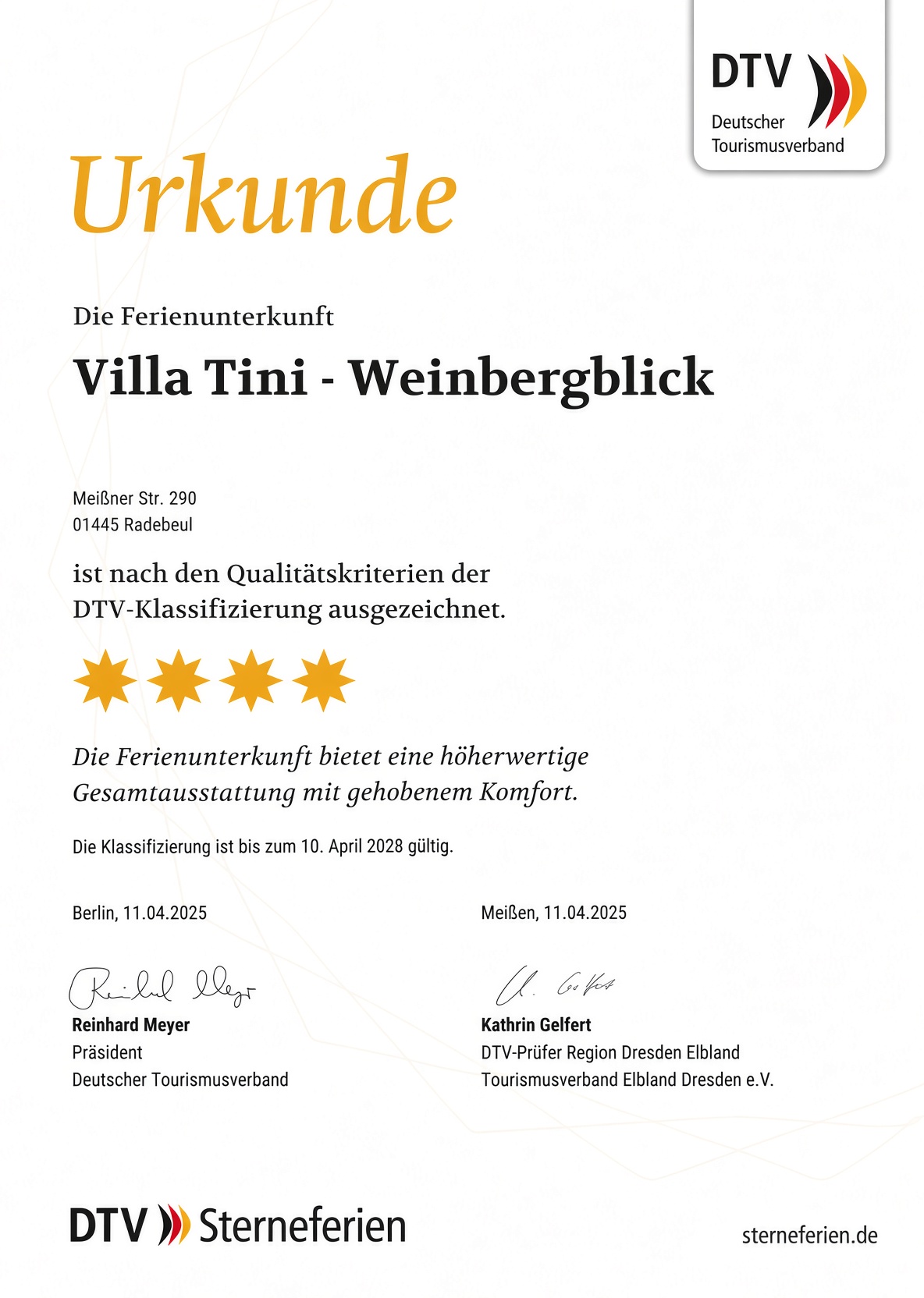 DTV-Urkunde: Villa Tini - Weinbergblick mit 4 Sternen klassifiziert