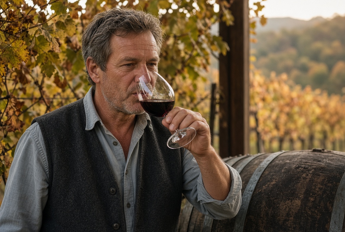 Winzer verkostet Rotwein am Fass vor herbstlichen Rebzeilen (KI-generiertes Bild)