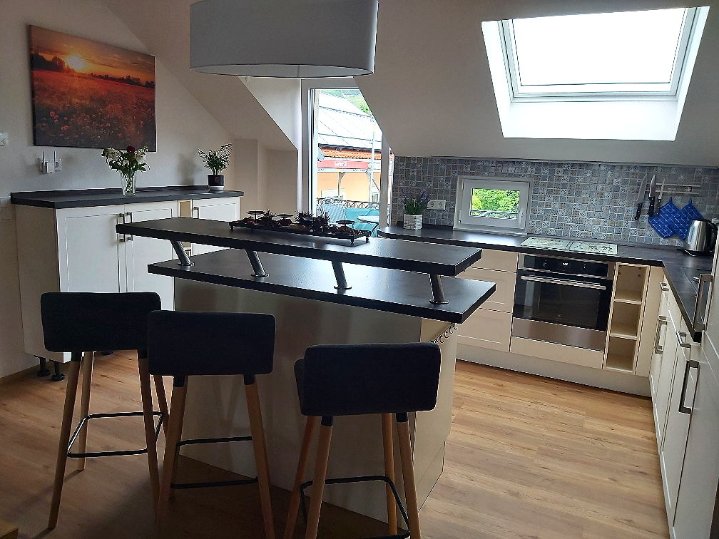 Open kitchen and living area in the Wasserturm apartment