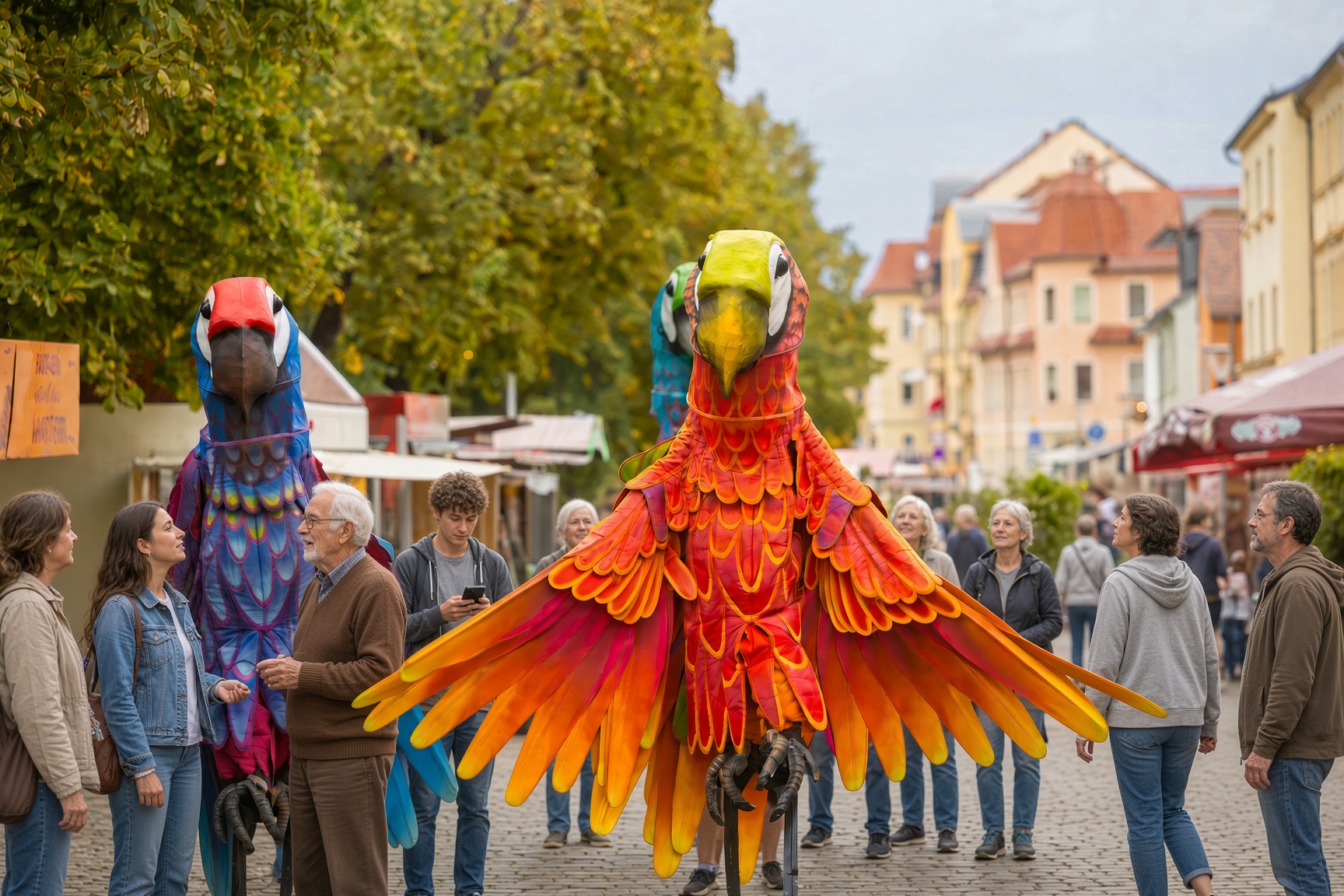 Wandertheater beim Herbst- und Weinfest Radebeul mit großen bunten Vogelfiguren (KI-generiertes Bild)